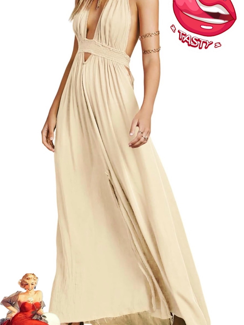 💋R. VIVIMOS💋 Halter Elastic Waist Sexy Backless w Front Slit Boho style - Picture 2 of 4